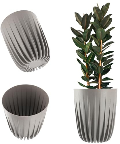 KADAX Blumentopf aus Kunststoff, Moderne Pflanztöpfe, Pflanzentopf mit geometrischem Muster, runder Blumenkübel mit Einsatz, Outdoor Naturblumentopf, Hochübertopf (∅ 30 cm, Hellgrau)