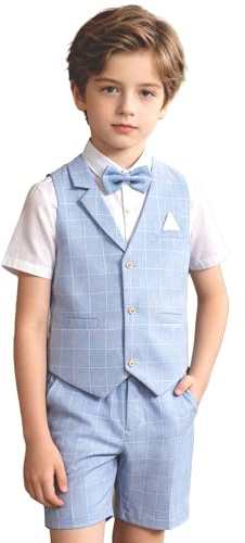LOLANTA 4PCS Page Boy Suits Wedding, Kids Summer Short Suit Set, Ceremony Christening Partywear, Waistcoat Shorts Shirt with Bowtie for 2-12 Years