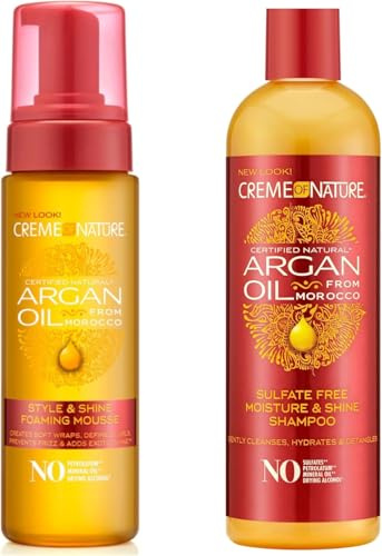 Lot de 2 produits Creme of Nature Argan Oil Shampoing Hydratant Sans Sulfates 355ml + Mousse Coiffante 207ml Soin des Cheveux Bouclés Frisés Crépus, Brillance et Hydratation