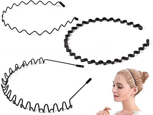 3 Stück Haarreifen Haarband Damen Haarreif Herren Sport Headband Metall Haarband Zickzack Hair Band Unisex Schwarz Stirnband für Outdoor Sports Fitness Make-up