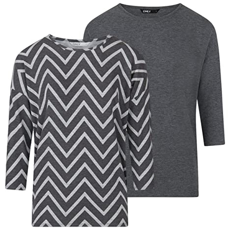 ONLY Damtopp ONLGLAMOUR 2-pack 3/4 ärmar basic skjorta rund hals lös passform långärmad tröja topp mönster tryck sommar XS S M L XL XXL svart grön grå, Mörkgrå melerad (15289509), S