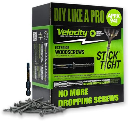Velocity Exterior 1 1/2 Wood Screws and T20 Torx Bits (Size #8) – Stick Tight Technology, Made with Carbon Steel, Includes Hexstix Bit & Storage Organizer Fence Screws for Wood (941 Pieces)