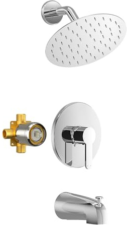 HoliSpa Tub Shower Faucet, Polished Chrome Shower Faucet Set with 8-Inch All-Metal Rainfall Showerhead and Bathtub Spout, Single-Handle Tub Shower-Trim Kit Included Valve, Polished Chrome