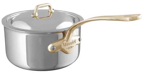Mauviel M'Cook BZ 5-Ply Polished Stainless Steel Sauce Pan With Lid, And Bronze Handle, 1.8-qt, Made In France