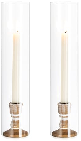 NUPTIO Bois Bougeoir Ouragan 2 Pièces Bougeoirs en Verre Bois pour Bougies À Bout Effilé 35cm de Haut Bougeoir Transparent À Bout Ouvert Abat-Jour Cylindrique Party Wedding Centrespieces Tables