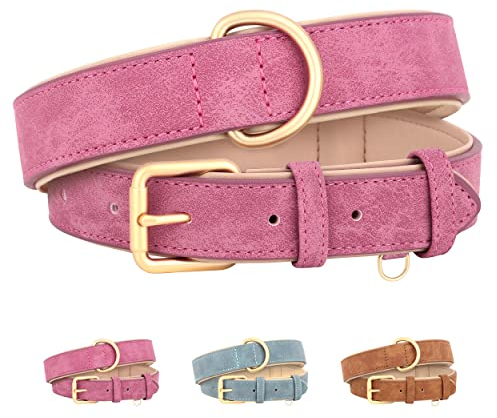 Beirui Weich gepolstertes Leder-Hundehalsband für Hunde,bequem,strapazierfähig,für kleine,mittelgroße und große Hunde,Lederhalsband mit hochwertigen Legierungsbeschlägen für den täglichen,Rosa,XL