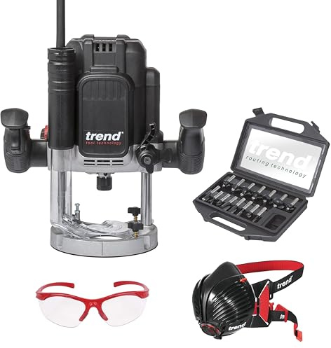 Trend T12 Router Starter Set, 2300W Plunge Router, 15-Piece Cutter Set | Starter Kit With 2300W Variable Speed Plunge Router, 15-Piece Cutter Set, Dust Mask And Safety Glasses, T12/START/SET