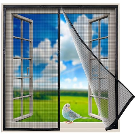 Insektenschutz Fenster Vorhang Polyester Lamellenvorhang 175x225cm mit Heavy Duty Mesh & Full Frame Klettverschluss Klemmleiste Fliegenvorhang Innovativ, Schwarz