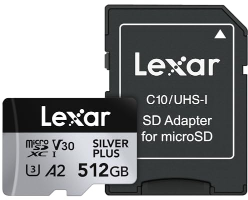 Lexar Silver Plus Professional MicroSDXC Memory Card with SD Adapter UHS-I C10 U3 V30 Full HD 4K Video Up to 205/150MB/s Read/Write for Videographers, Gamers