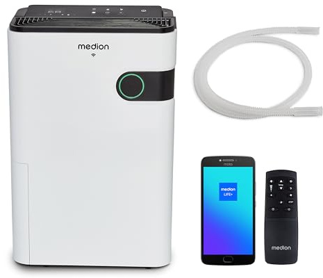 MEDION DH30S Luftentfeuchter elektrisch (smart, bis zu 150m³ (60m²), 24Liter/24h, 43db leise, elektrischer Raumentfeuchter, Timer, Bodenrollen, Entfeuchter)