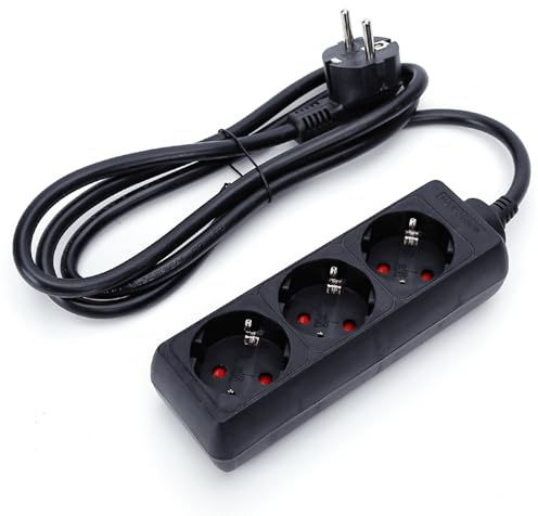 Multiprise 3 Voies sans Interrupteur, 1,5 m, 3G, 1,5 mm², Noire, idéale pour connecter Plusieurs appareils électriques.