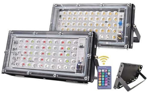 2 piezas de luz de inundación LED 50 W 100 W RGB reflector IP65 impermeable al aire libre punto de calle reflector de pared iluminación proyector de jardín (color: blanco frío) (control remoto de 18