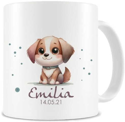 Samunshi® Kindertasse mit Namen Tasse mit Süßer Hunde Welpe Personalisierte Tasse Namen Kinder Kinderbecher personalisiert Wunschtext für Kindergarten oder Geburtstag weiß 300ml
