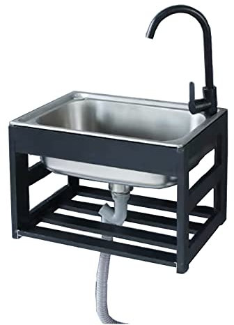 GLMGBP Spülbecken, Wandspüle, kommerzielles Catesink, freistehend, kommerzielles, wandmontiertes Handwaschbecken aus Edelstahl mit Wasserhahn und Abfluss sowie Lagerregalen für Garage, Restaurant,