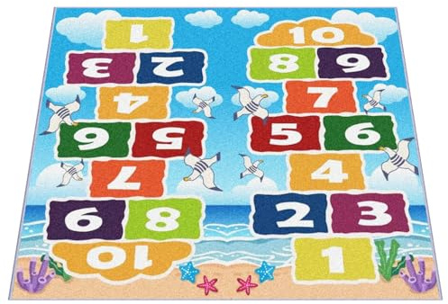 Playroom Rug for Kids Sky Ocean Beach Hopscotch Game Rugs, Area Rugs for Boys Girls Toddlers Bedroom Decorative Play Mat for Babies 1-6 Years (Sky Ocean Beach Hopscotch, Double Fun 120 x 180 CM)