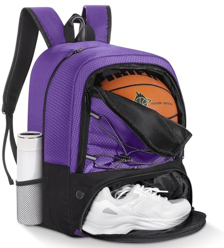 MoKo Mochila de Baloncesto, Mochila de fútbol para Hombres y Mujeres con Compartimentos Separados para Pelotas y Zapatos, Resistente al Agua, Gancho para Cerca, Bolsa de Deporte para Ropa, Morado