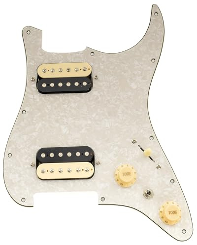 Musiclily Pro-SE ST-HH-OMHA Pre-wired Pickguard with Alnico 5 Humbuckers Mini Toggle Switch for Strat Style Electric Guitar, 4Ply Aged White Pearl