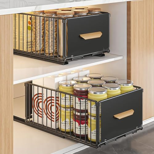 Kongming Teleskopschublade 40‑65,5cm Metall Schubladenauszug mit Holzgriff | Ausziehbare Schublade Küche Küchenschrank Organizer für Vorräte Gewürze, pulverbeschichtet rostbeständig 2Stk Schwarz