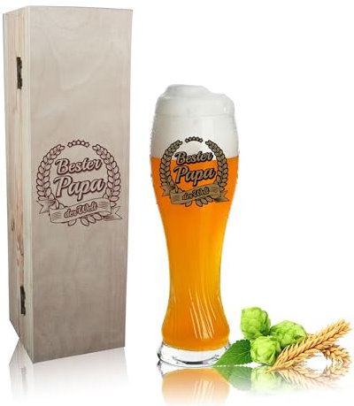 Premium Bierglas Weizenbierglas Eibsee mit gedrehter Optik 0,5L Dekor Bester Papa der Welt - mit Geschenkbox aus Holz Holzkiste Holzbox mit Gravur Bester Papa der Welt