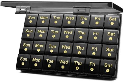 FHORAIN Monthly Pill Organizer 28 Day, 4 Weeks Pill Box 7 Day, XL Weekly Medicine Organizer for Vitamins, Fish Oil, Supplements(Black)