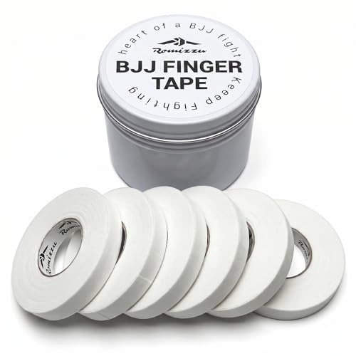 Romizzu Cinta para Dedos Adhesivo Fuerte Algodón Transpirable y Antideslizante Para BJJ Escalada y Otros Deportes 6 Rollos (8 m × 8 mm) con Estuche Metálico y Caja de Regalo