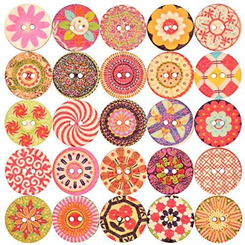 100 Stück Bunte Knöpfe Retro Harz Holzknöpfe Gemischte Rund Puppenknöpfe Nähen Knöpfe Blume Malerei Geometrishes Muster Kinderknöpfe mit 2 Löcher für Nähen DIY Basteln Handwerk Deko 20 mm