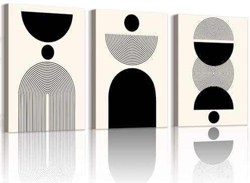 WENGTIAO Set of 3 Boho Minimalist Black and Beige Canvas Wall Art Prints Framed Pictures Abstract Geometric Neutral Painting on Canvas Modern Living Room Bedroom Home Wall Decor 30x40cmx3