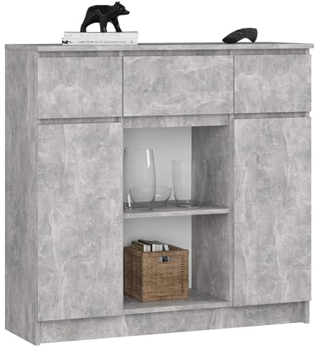 AKORD Kommode K100 mit 3 Schubladen, Schrank mit 2 Tür 6 Regalböden, Für das Wohnzimmer Schlafzimmer, Moderne, 16mm Laminierte Platte, B101xH98xT35 cm, Farbe Beton & Beton