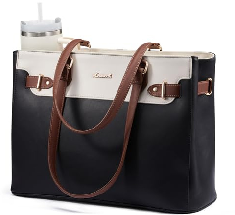 LOVEVOOK Laptop Tote Bag for Women Work, Teacher Tote Bag Nurse Bag with Large Cup Holder, 17.3 Inch Waterproof Leather Computer Bag Professional Business Office Briefcase, Black-beige-brown