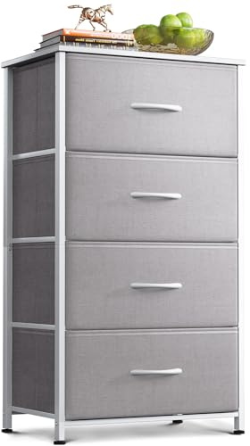 Coleshome Tall Chest of Drawers Bedroom, Small and Narrow Drawers with 4 Fabric Drawers, Wooden Top, Sturdy Steel Frame, Suitable for Bedroom and Living Room, 40 x 30 x 80 cm, Light Gray
