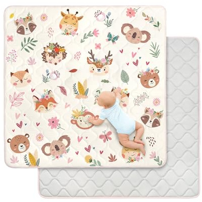 Baby Play Mats for Floor,127x127cm Foldable Playmat,Thick Machine Washable Playpen Mat Pad,Soft Non-Slip Activity Mat for Crawling & Tummy Time,Boho Animal
