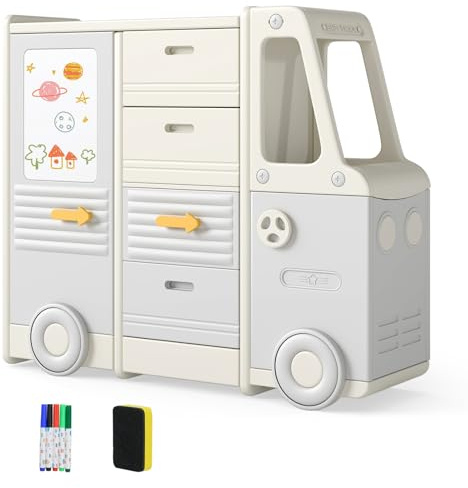 DREAMADE Spielzeugregal für Kinder, Autoförmiges Kinderregal mit Whiteboard, Schränken, Schubladen, geräumiger Arbeitsfläche, Aufbewahrungsregal für Wohnzimmer, Kinderzimmer, Spielzimmer