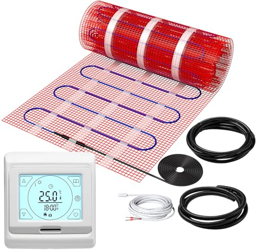 KEZERS Elektrische Fußbodenheizung 150W/m², selbstklebend für Fliesen Laminat und mehr, Touch-Digital-Thermostat mit Wochenprogramm für Badezimmer | Flur | Schlafzimmer | Wohnzimmer,10.0x0.5m - 5.0qm