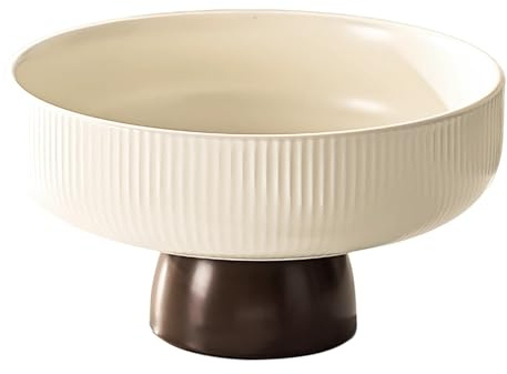 Tressify Frutero de cerámica blanca, forma redonda, diseño de pie alto, textura de rayas verticales, para encimera de cocina, aperitivos y exhibición decorativa