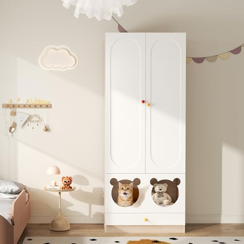 Kebnor Kinderkleiderschrank mit Bügelstange, mit Katzenbett, Lackierte Platten + Spanplatte, Bunte Keramikgriffen, Weiß + Naturholzfarbe, für Schlafzimmer geeignet (80×50×200cm)