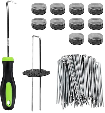 MEETOZ 100 clavijas de membrana de control de malezas + 100 arandelas amortiguadoras, clavijas de estera de malezas de 15 cm, grapas de metal para jardín y paisaje, alfileres de césped artificial