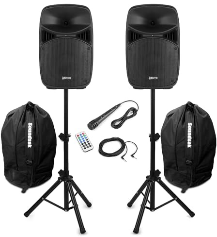 Vonyx VPS102A 10 Active PA DJ Speakers, Stands, Bags, Bluetooth, LED, 600W | Tripods, microphone, echo effect, wireless remote, wireless streaming, light show, USB/SD MP3 Media player