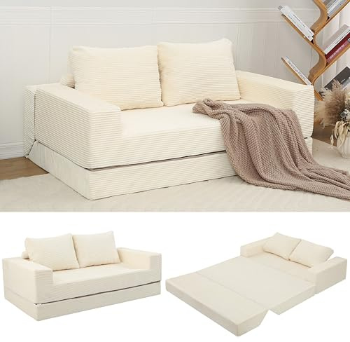 MeMoreCool Futon Sofa Cord, Ausziehbares Schlafsofa mit Kissen, Beige | Modulares Sofa ohne Gestell mit Schlaffunktion, Ideal zum Entspannen, Schlafen und für Gäste in Kleinen Räumen