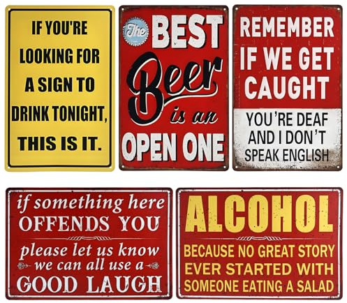 YHNDECO Vintage Metal Tin Bar Signs, 5pcs Funny Metal Bar Signs for Home Bar and Man Cave Accessories, Vintage Wall Plaque Poster, Rustic Metal Plaque Sign Gift Novelty 20 x 30 cm