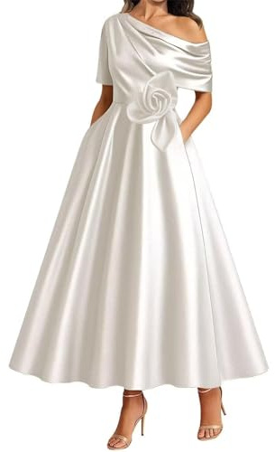 WISIYLE 3D Flower Bridesmaid Dresses Cap Sleeve Prom Mother of The Bride Dress One Shoulder Wedding Formal Gowns WQL008 Ivory UK14