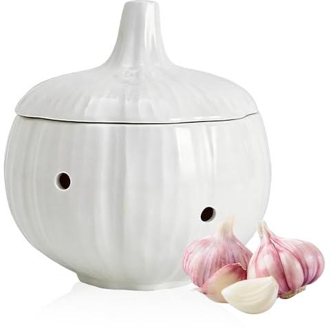BAIFULAI Cacerola de cerámica para ajos: caja de ajos blanca con ventilación, recipiente para ajos, cebollas y especias, recipiente para ajo 13 x 13 x 14 cm, para cocina y almacenamiento