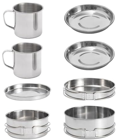 Garvee Batterie de cuisine camping 8 pièces inox – Kit léger et robuste avec casserole, poêle, tasses, assiettes – Pour 2 personnes – Facile à transporter et à nettoyer – Idéal randonnée, pique-nique,