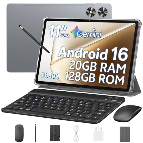 11 Inch Tablet, Android 16 Tablet With 20GB RAM+128GB ROM (1TB Expandable), Octa-Core, 90Hz IPS Incell Display, 8800mAh,13MP+8MP Camera, 5G WiFi, BT 5.0, Gemini AI Tablet with Keyboard+Mouse, Gray