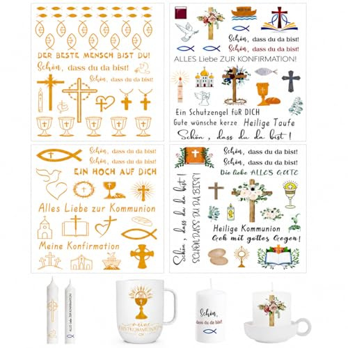 BIVYAX 4 Feuilles Tatouages Bougie Communion Or et Couleur, Autocollant en Décalcomanie à l'Eau pour Bougie Tasse et Décoration, de Communion et Baptême