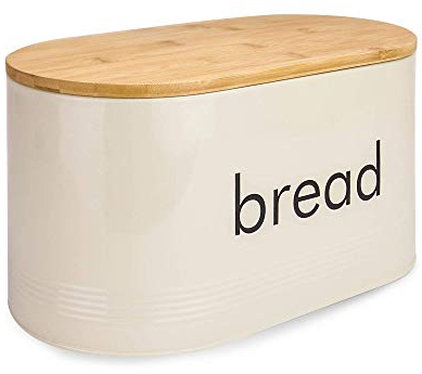 Maison & White Vintage Pastel Bread Bin | Cream | Rectangular | 21 cm (L) x 35 cm (W) x 10 cm (H) | Includes Bamboo Bread Cutting Board Lid