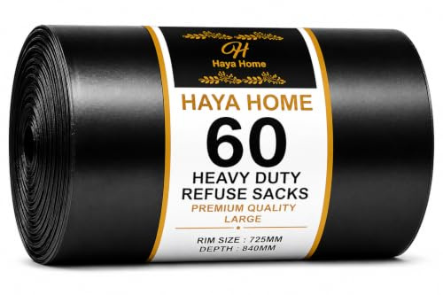Haya Home - 60 bolsas de basura de plástico negro resistentes, bolsas de basura resistentes, rollo de 100 litros para cocina, hogar, oficina, jardín, hechas de material 100% reciclado