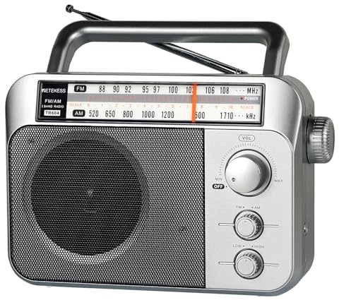 Retekess TR604 Portable Radio, Battery Radio(Silver) | Easy to Use for Elderly, Giffts, FM AM, Large Display and Knob, Large Speaker, 3.5mm Headphone Jack, with Power Cord