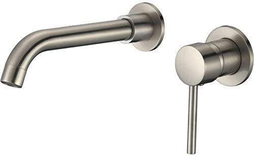 VALAZ Rubinetto Bagno Lavabo a Muro Acciaio Spazzolato Protezione PVD | Miscelatore Lavabo Bagno Acqua Fredda e Calda | Installazione Facile | Ottone, Inossidabile, Becco 21cm, Serie Guadiana