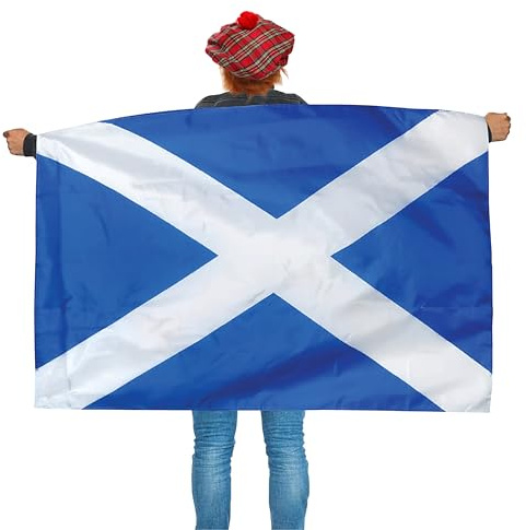 Skotland tillbehör för vuxna – skotsk flagga + tartan tam o'shanter hatt med fäst hår – herr dam st andrews dag skotsk sportstöd utklädningskläder set (paket med 12)