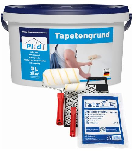 Plid Tapetengrund Weiß Matt 5L + Anstreichset – Haftgrund Voranstrich | Voranstrich | Raufaser-, Vlies- & Papiertapeten | Innenputz, Beton, Gipskarton | ca. 35 m² | Inkl. Rolle & Abdeckfolie